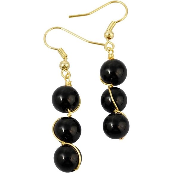 Black Wire Wrapped Triple Ball Beaded Dangle DropTrendy Hook Earrings for Ladies - Picture 2 of 4